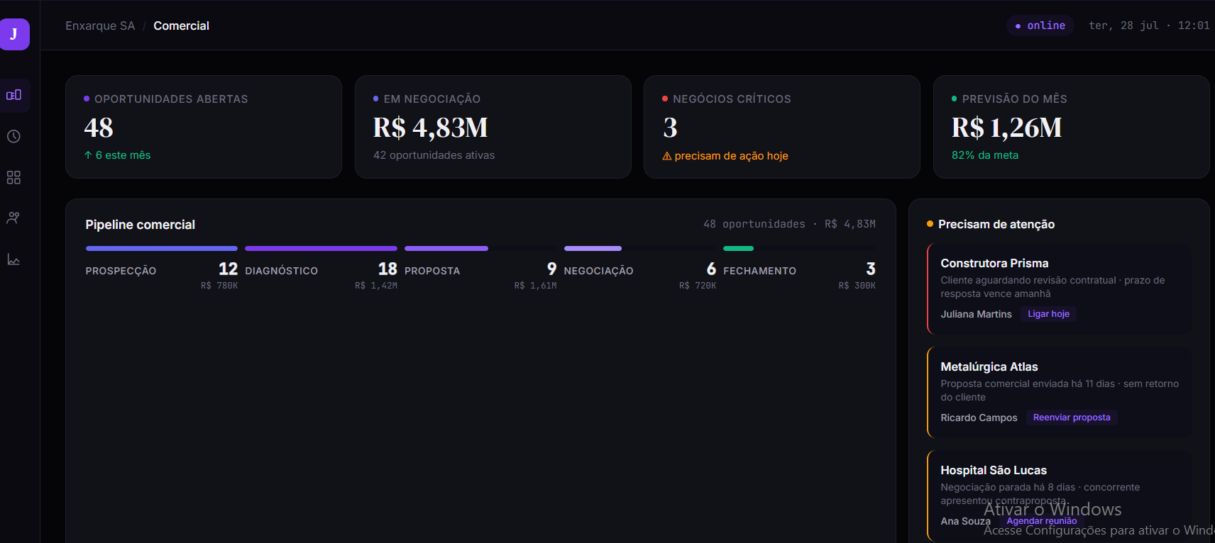 Interface de sistema comercial construída pela Juliana Pro